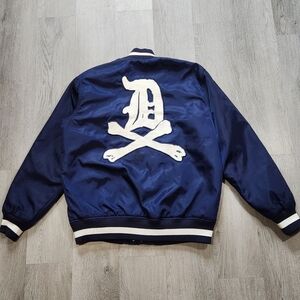 Dissizit Slickster Satin Varsity Skull Jacket Men Medium Navy Blue White Snap